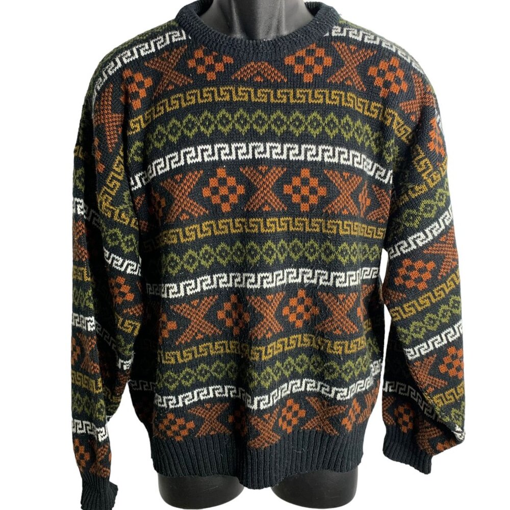 Vintage 90s Pullover Crewneck Sweater XL Black Stretch Knit Geometric Rib Trim